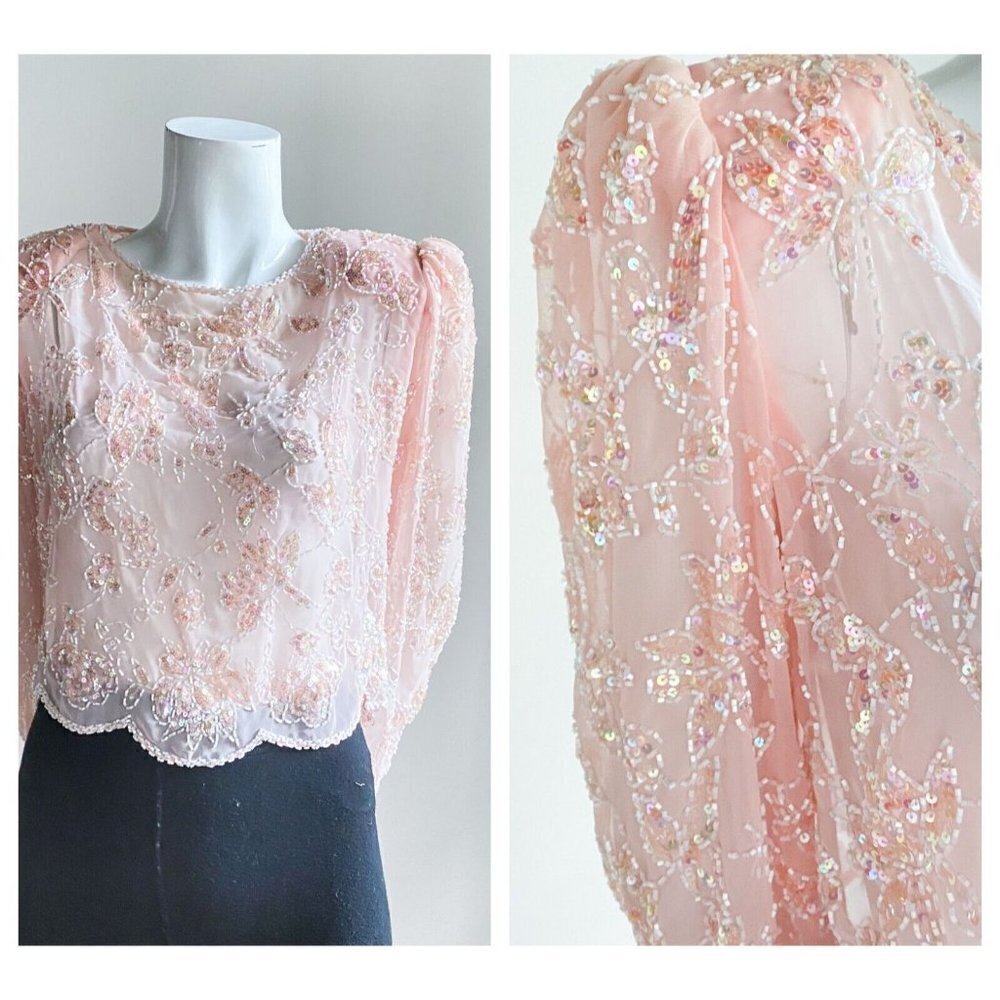 Vintage SILK Peach Pink Beaded Embroidered Cropped Evening Top M - Picture 2 of 9